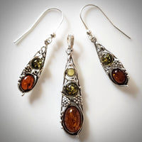 multicolor amber sterling silver earrings & pendant jewelry set