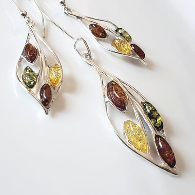 multicolor amber in sterling silver pendant earrings set