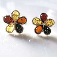 multicolor amber silver  flower  stud earrings