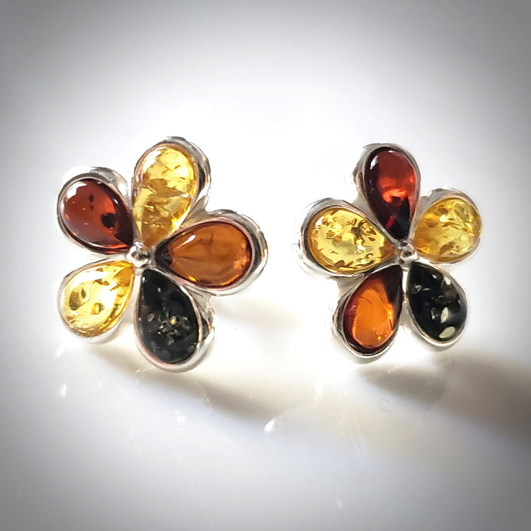 multicolor amber flower stud earrings