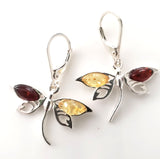 dragonfly silver earrings with multicolor amber