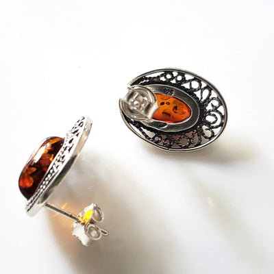 oval cognac amber silver post earrings