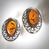 oval cognac amber filigree silver post earrings