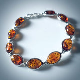 Sterling silver with oval amber beads link bracelet