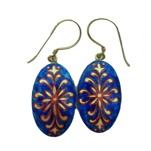 Hand painted Mother of Pearl Oval Dark Blue Earrings