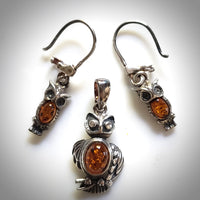 owl silver amber  earrings pendant jewelry set