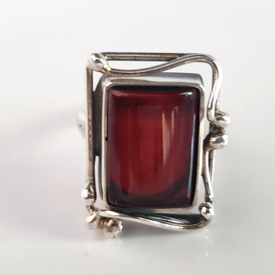 Cherry red amber silver ring