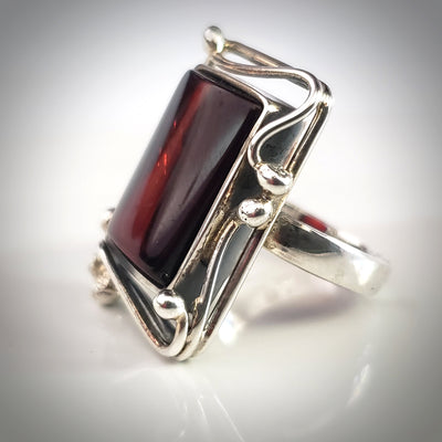 rectangular sterling silver cherry amber ring ring
