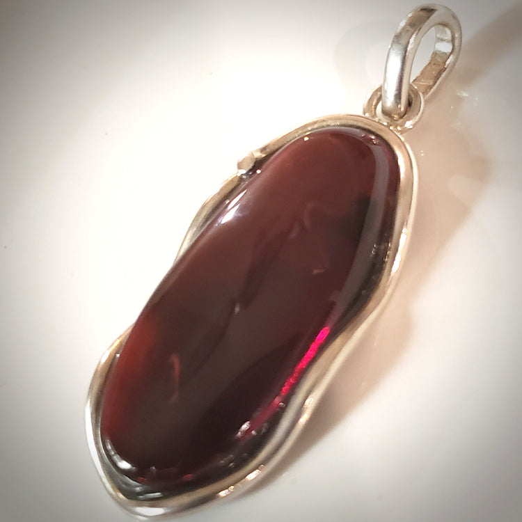 Large Oval Red Cherry Amber Pendant in Modern Sterling Silver BuyRussianGifts Store
