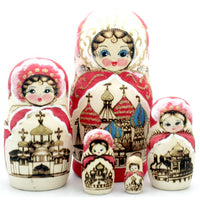 Russian Church Red Wood-Burn Nesting Doll Set 7 inch Tall