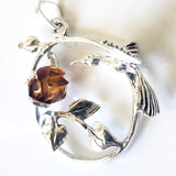 carver amber rose in sterling silver pendant with hummingbird