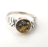 natural green amber ring in silver