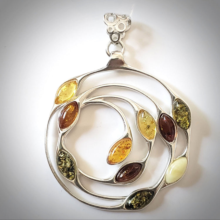 round modern silver amber pendant