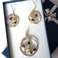 Modern Round Silver Pendant with Flower & Earrings Set BuyRussianGifts Store