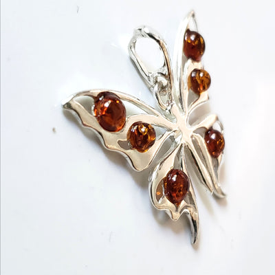 silver amber butterfly pendant necklace 