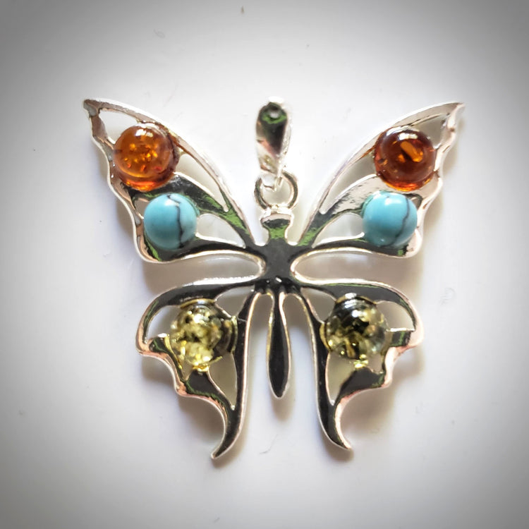 silver amber turquoise butterfly pendant necklace 