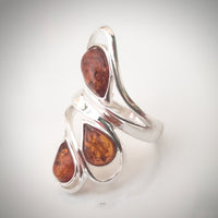 Long elegant amber teardrop silver ring