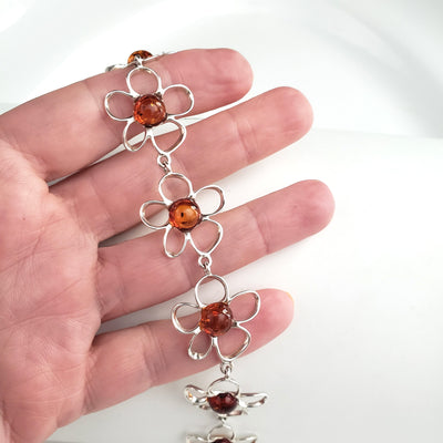 Silver Flower with Natural Amber Link Bracelet BuyRussianGifts Store