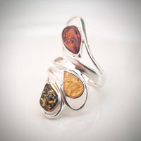 silver multicolor baltic amber long ring