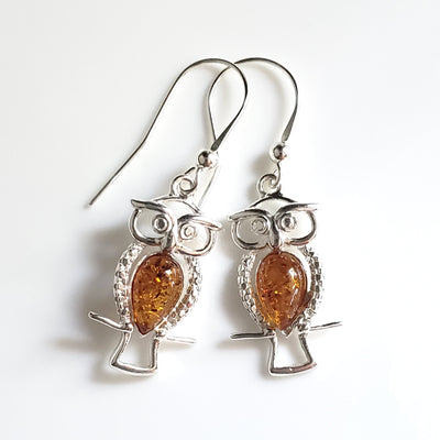 Sterling Silver Owl Earrings with Honey Amber BuyRussianGifts Store