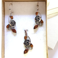 silver rose amber earrings pendant jewelry set in gift box