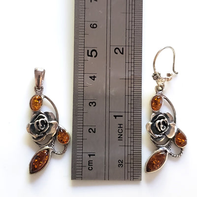 silver rose amber earrings pendant jewelry set