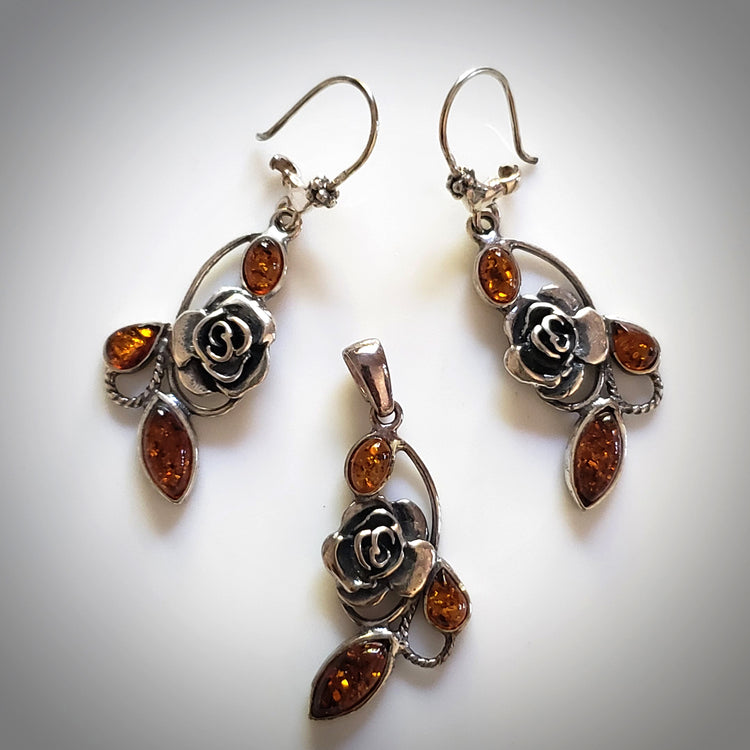 silver rose amber earrings pendant jewelry set