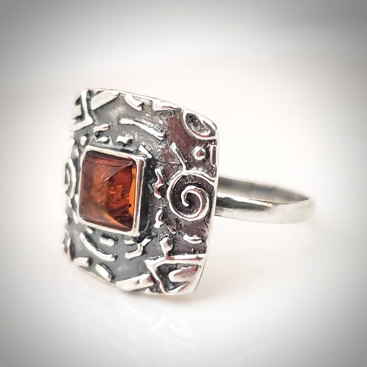 silver square amber ring