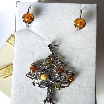 Tree of Life sterling silver with amber earrings pendant set