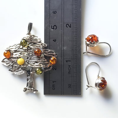 silver amber tree of life jewelry set