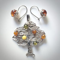 silver amber tree of life jewelry set