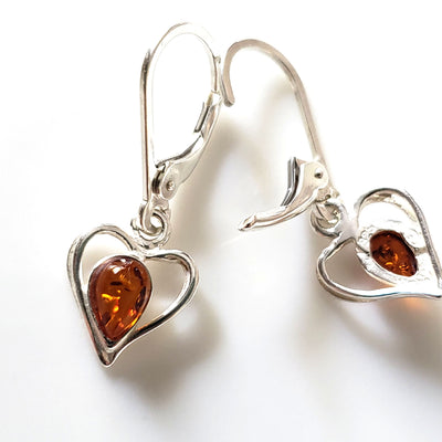 silver amber heart earrings