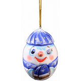 Snowman in Blue Carved Christmas Ornament