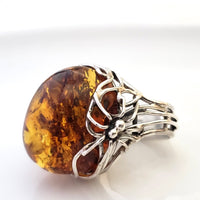 spider on web amber silver statement ring