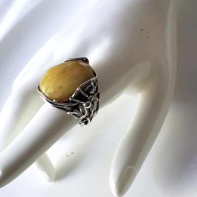 spider web butterscotch amber silver  large ring