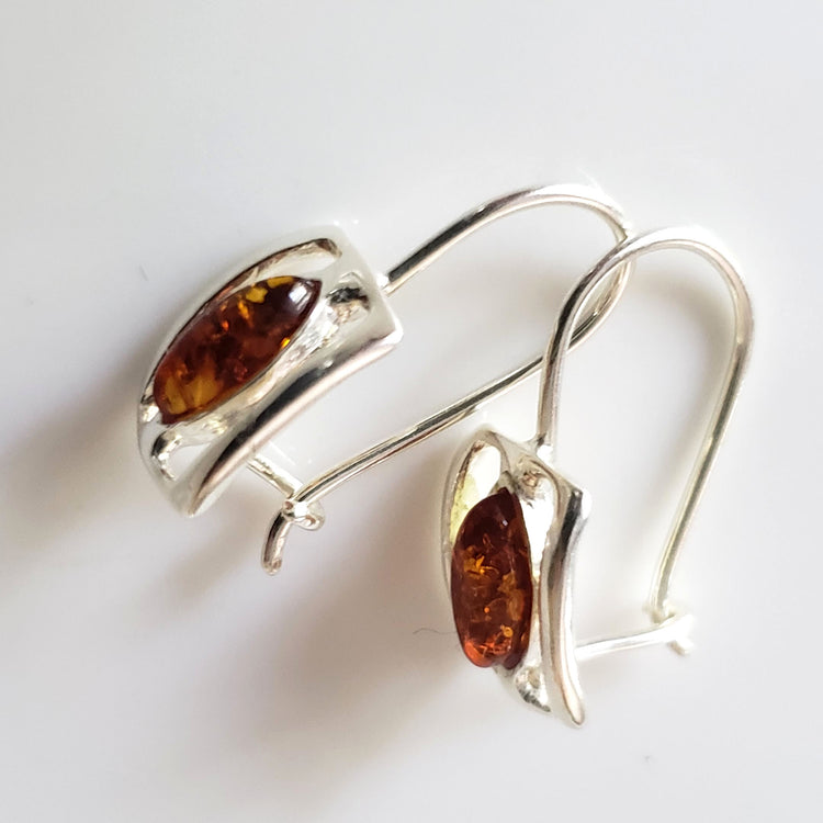 Square Silver Hoop Earrings with Oval Amber