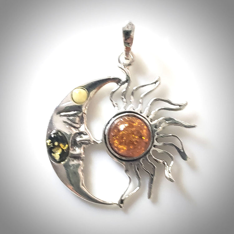 star moon sterling silver pendant with amber beads
