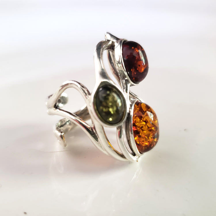 Jewelry Sale Large Silver Ring with 3 color of Natural Amber