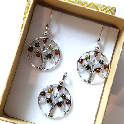 Tree of Life sterling silver with amber earrings pendant set