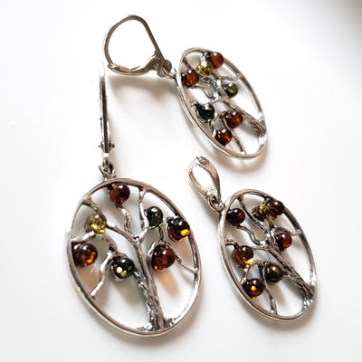 Tree of Life sterling silver with amber earrings pendant set