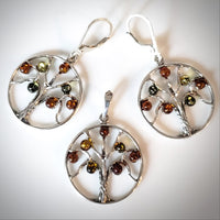 Tree of Life sterling silver with amber earrings pendant set
