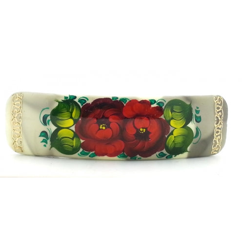 White Rectangular Hair Clip with Red Flowers